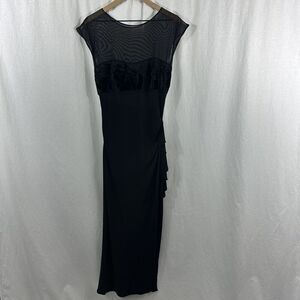 Orna Farho Paris Amelia Black Sheer Velvet Burnout Ruched Ruffle Maxi Dress M